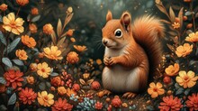 A Painting Of A Squirrel Sitting In The Middle Of A Field Of Flowers With A Surprised Look On Its Face.