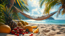 Fresh Fruit, A Pineapple, Berries And Oranges And In The Background You Can See A Hammock Stretched Between Two Palm Trees