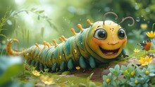 A Close Up Of A Caterpillar On A Rock In A Field Of Flowers With A Butterfly In The Background.