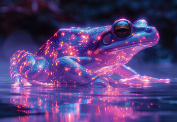 Neon frog shimmering with bright purple colors, glowing toad of galactic hue. Generative AI