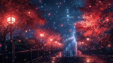 A Night Scene Of A City Street With Red Lights And Stars Falling From The Sky And A Person Walking Down The Street.