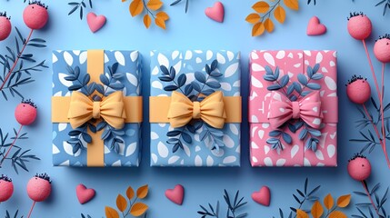 two wrapped gift boxes with bows on a blue background surrounded by pink and orange hearts and branches of a plant.