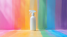 A Blank White Hair Color Spray Bottle On A Rainbow Background, With A Spray Nozzle And A Color Effect. 