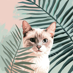 Wall Mural - a digital art print, minimalistic, pastel palette representing a cat, palm leaves