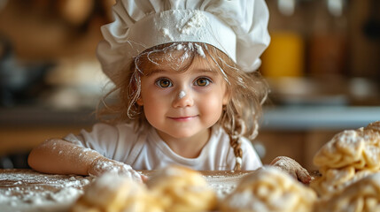 Wall Mural - Mini chef at work, cute toddler girl baking pastries inside the bakery. 