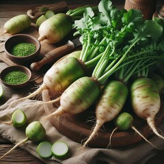 Wall Mural - Tubers of raw green radish on a wooden background