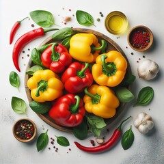 Wall Mural - Yellow and red fresh peppers on a white background. Top view, flat lay