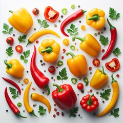 Wall Mural - Yellow and red fresh peppers on a white background. Top view, flat lay