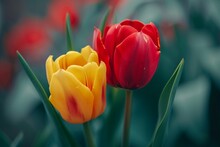 Two Yellow And Red Tulips Blooming Generative Ai
