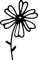 Wall Mural - Hand drawn flower, stem with leaves isolated on background. Black white icon. Vector doodle illustration. Floral plant clipart for cards, web. Spring, summer garden botany sketch drawing.
