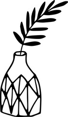 Wall Mural - hand drawn pal leaf in modern vase isolated on background. black white icon. vector doodle illustrat