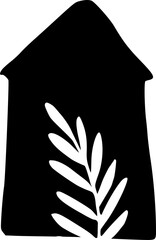 Wall Mural - Hand drawn silhouette of house with palm leaf isolated on background. Black white building icon. Hand drawn vector doodle illustration. Home, architecture, tropical summer concept. Clipart for cards, 