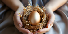 Golden Egg On Nest In Hands In Easter Vibe