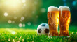 Two beer glasses standing on the grass of the pitch with a ball in the background, a beer advertising or soccer world cup theme with space for text or inscriptions