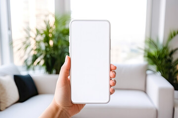Hand holding white smartphone with blank screen, new apartment or hotel room on background. App to find apartments and houses to buy and rent. Mortgage, home loan. Copy space