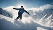 Snowboarder jumps off a ramp in the snowy mountains, snowflakes fly behind him
