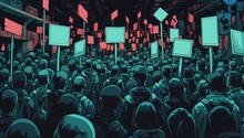 a cartoon showing crowds with signs Generative AI