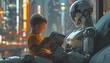 A human-like teenage android robot babysitter is reading a book to a four-year-old boy at night on a grey couch inside a futuristic living room.