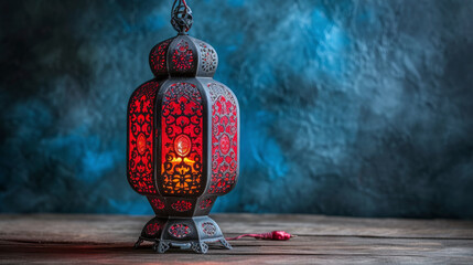 Wall Mural -  Red Lantern on Wooden Table with Copy Space 