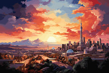 A Fanciful Rendering Of A Romantic Sunset Over A City Skyline,AI Generative.