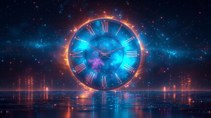 Fototapete - A large, glowing clock with Roman numerals floats in a futuristic, starry space with neon lights, generative ai