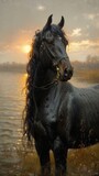 Fototapeta Konie - A majestic black horse stands before a tranquil lake during a beautiful, golden sunset, generative ai
