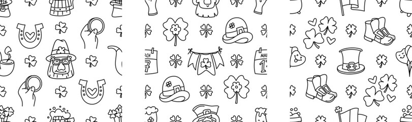 Wall Mural - St Patricks day doodle style seamless pattern in black and white, hand-drawn icons background, cute Irish holiday symbols and elements collection.