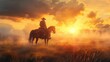 A hyper-realistic image of a muscular cowboy on horseback, galloping through a hazy, rugged terrain