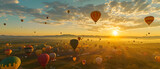 hot air balloon festival at sunrise, colorful balloons dotting the landscape