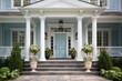 © pham - A photo of a house with blue exterior, adorned with white columns and featuring a vivid blue front door.