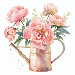 Wall Mural - vase watering can with peonies cartoon style watercolor illustration on white background