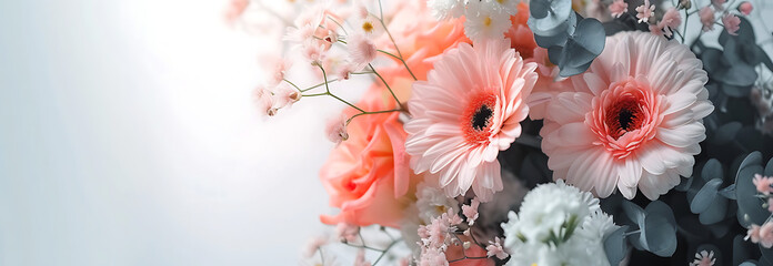 a pink and white bouquet is placed on a white backgro