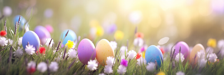 Wall Mural - Colorful Easter eggs in field of blooming white crocuses banner. Panoramic web header. Wide screen wallpaper