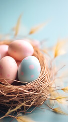 Wall Mural - Delicate Easter eggs in soft pastel tones in nest. Easter greeting card, phone wallpaper