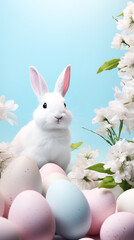 Wall Mural - Adorable bunny with colorful Easter eggs. Easter greeting card background, phone wallpaper, stories backdrop