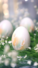 Wall Mural - Painted Easter eggs with ornate fern patterns on fresh green grass. Easter greeting card, phone wallpaper