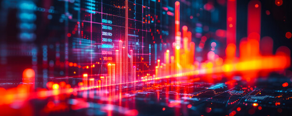 Poster - Futuristic financial chart with glowing neon lines on a dark background, symbolizing advanced stock market analytics and cyber data visualization