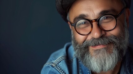 Wall Mural - A man with a beard and mustache wearing glasses and a hat smiling at the camera.
