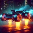 Cyberpunk style, high-tech flying car drift with flaming wheels.
