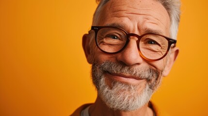 Wall Mural - A happy older man with a gray beard and glasses smiling against a warm orange background.