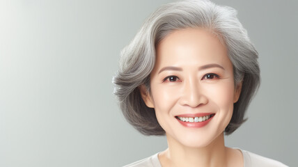 Wall Mural - Portrait of a asian elegant fifty year old woman standing isolated over grey background. Mature old lady close up portrait.	
