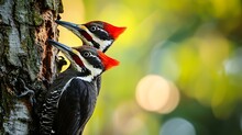Close-up Of Pileated Woodpeckers On Tree Trunk