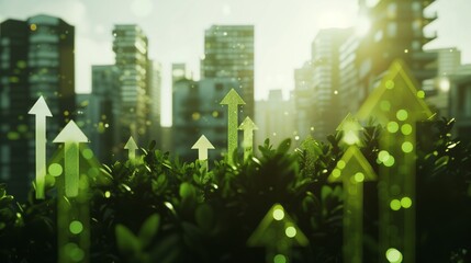 Wall Mural - Green and sustainable development in the business sector, showcasing upward arrows symbolizing the growth and positive impact of environmental, social, and governance (ESG) practices.