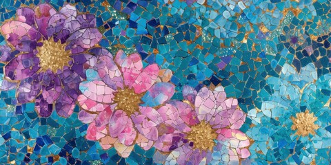 Watercolor Abstract Flower Micro Mosaic, Royal Blues, Pink, and Metallic Gold.