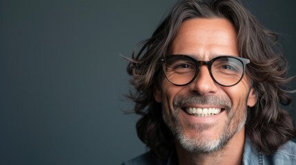 Wall Mural - A man with long hair glasses and a beard smiling at the camera with a relaxed and friendly expression.