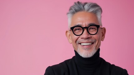 Poster - Smiling older man with gray hair wearing black turtleneck and round glasses against pink background.