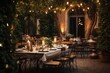 Magical Outdoor Dinner: Dreamy Setting with Decorations and Seating for an Elegant Party or Wedding