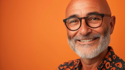 Wall Mural - Bald man with glasses and beard smiling against orange background.