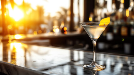 Martini cocktail on bar counter, sunset light