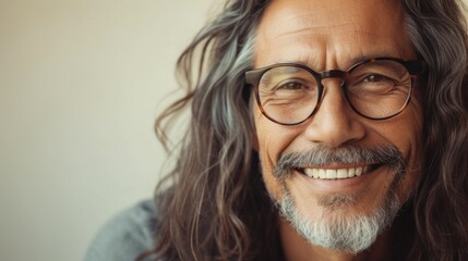 Wall Mural - A man with long hair and a beard wearing glasses smiling warmly at the camera.